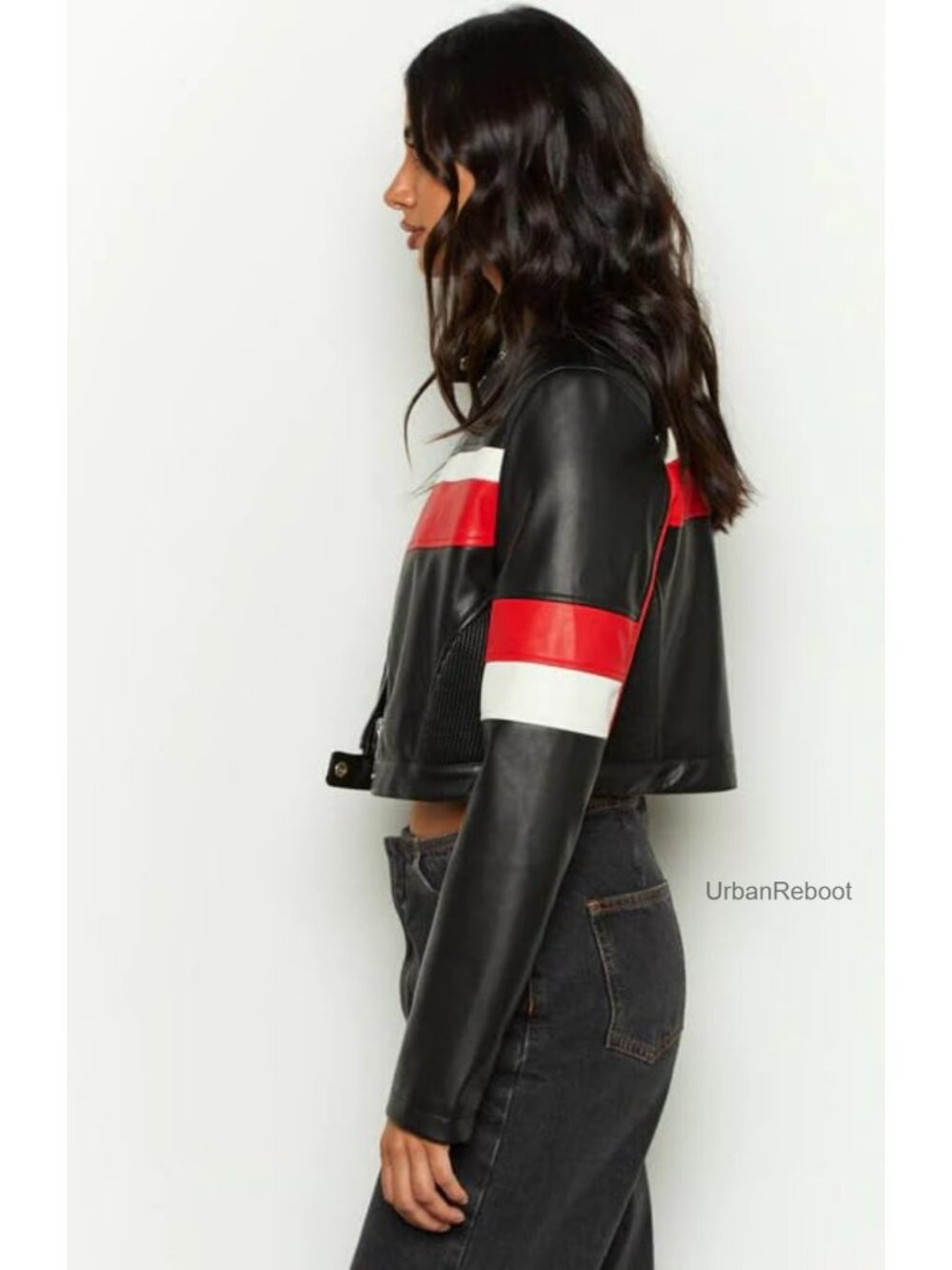 Faux Leather Cropped Motorcycle Jacket Zip Up Y2K Outerwear - Picture 2 of 5